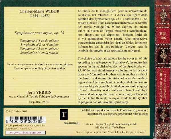 Charles-Marie Widor : Joris Verdin : Symphonies Pour Orgue, Op. 13 (2xCD, Album)