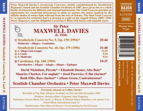 Peter Maxwell Davies / David Nicholson (4), Elisabeth Dooner, Maurice Checker, Josef Pacewicz, Ruth Ellis (3), Alison Green, Scottish Chamber Orchestra : Strathclyde Concertos Nos. 9 and 10, Carolisima (CD, Album)