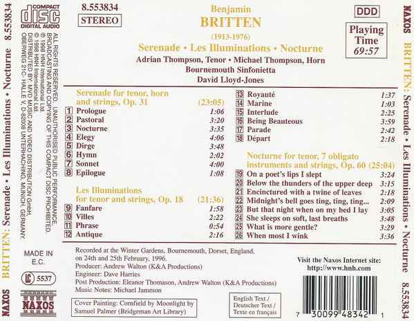Benjamin Britten - Adrian Thompson • Michael Thompson (2), Bournemouth Sinfonietta, David Lloyd-Jones : Serenade • Les Illuminations • Nocturne (CD)