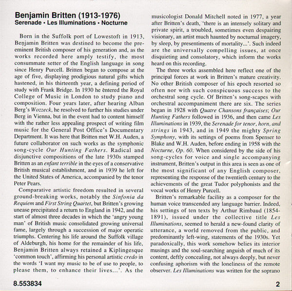 Benjamin Britten - Adrian Thompson • Michael Thompson (2), Bournemouth Sinfonietta, David Lloyd-Jones : Serenade • Les Illuminations • Nocturne (CD)