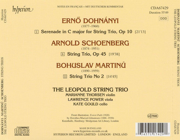 Ernst von Dohnányi / Bohuslav Martinů / Arnold Schoenberg - The Leopold String Trio : Serenade Op 10 / String Trio No 2 / String Trio Op 45 (CD)