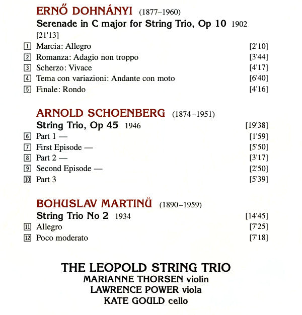 Ernst von Dohnányi / Bohuslav Martinů / Arnold Schoenberg - The Leopold String Trio : Serenade Op 10 / String Trio No 2 / String Trio Op 45 (CD)