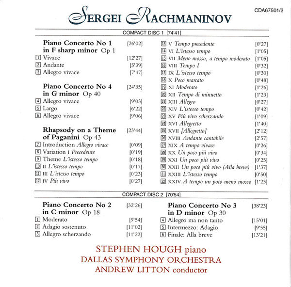 Sergei Rachmaninoff - Stephen Hough, Dallas Symphony Orchestra, Andrew Litton : The Piano Concertos, Paganini Rhapsody (2xCD, Album, RE)