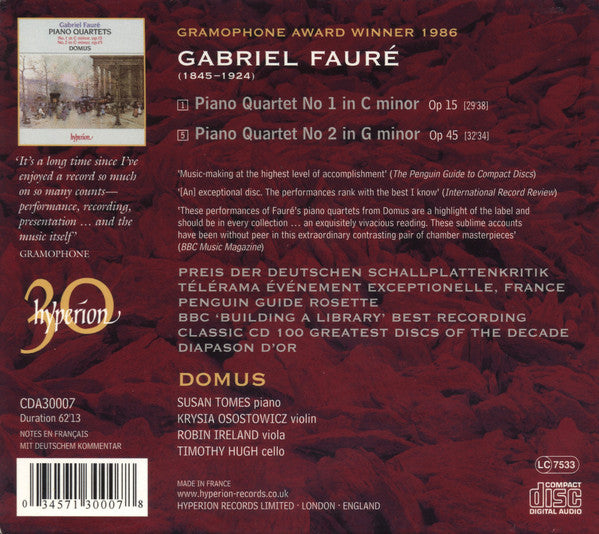 Gabriel Fauré • Domus Quartett : Piano Quartets (No.1 In C Minor, Op 15 / No.2 In G Minor, Op 45) (CD, Album, RE)