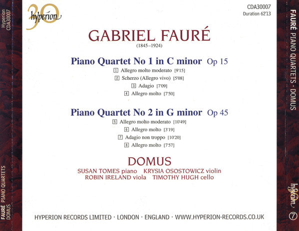Gabriel Fauré • Domus Quartett : Piano Quartets (No.1 In C Minor, Op 15 / No.2 In G Minor, Op 45) (CD, Album, RE)