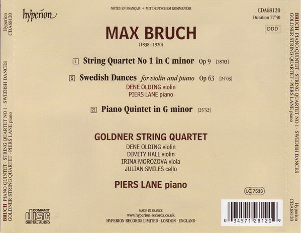 Max Bruch, Goldner String Quartet, Piers Lane : Piano Quintet In G Minor • String Quartet No 1 • Swedish Dances Op 63 (CD)