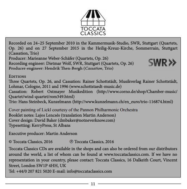 Johann Georg Lickl, Lajos Lencsés, Soloists Of The Stuttgart Radio Symphony Orchestras : Three Oboe Quartets, Op. 26 / Cassation For Oboe, Clarinet, Horn And Bassoon / Trio For Clarinet, Horn And Bassoon (CD)