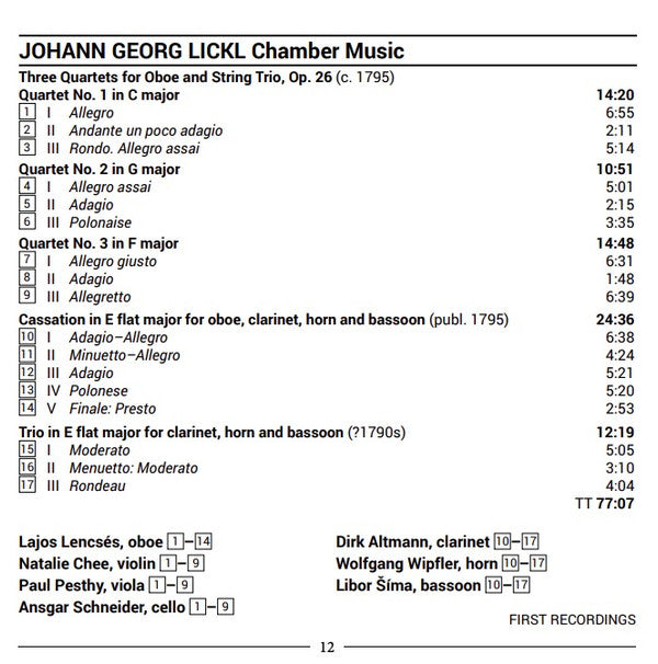 Johann Georg Lickl, Lajos Lencsés, Soloists Of The Stuttgart Radio Symphony Orchestras : Three Oboe Quartets, Op. 26 / Cassation For Oboe, Clarinet, Horn And Bassoon / Trio For Clarinet, Horn And Bassoon (CD)