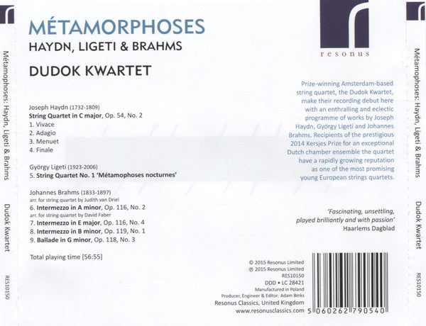 Joseph Haydn, György Ligeti, Johannes Brahms, Dudok Quartet Amsterdam : Métamorphoses (CD, Album, Multichannel)
