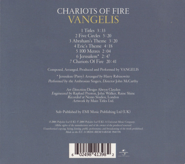 Vangelis : Chariots Of Fire (CD, Album, RE, RM, EDC)