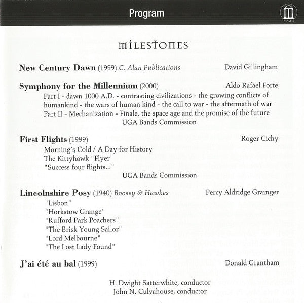 The University Of Georgia Wind Symphony, H. Dwight Satterwhite, John N. Culvahouse : Milestones (CD)