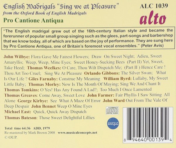 Pro Cantione Antiqua, Philip Ledger : English Madrigals "Sing We At Pleasure" (CD, Album, RE, RM)