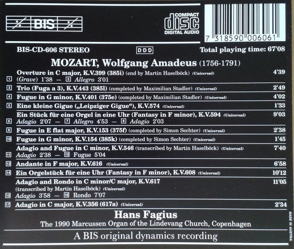 Hans Fagius : Mozart On The Organ (CD, Album, RE)