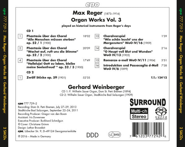 Max Reger, Gerhard Weinberger : Organ Works Vol. 3 (2xSACD, Hybrid, Multichannel, Album)