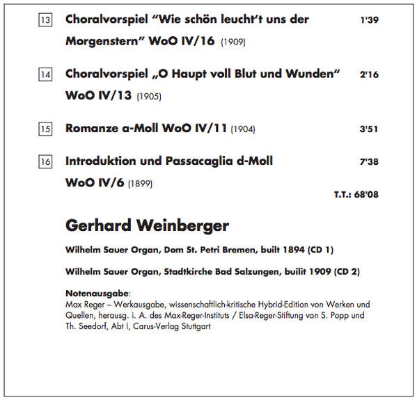 Max Reger, Gerhard Weinberger : Organ Works Vol. 3 (2xSACD, Hybrid, Multichannel, Album)