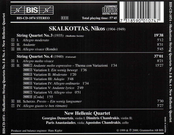 Nikos Skalkottas - New Hellenic Quartet : String Quartets No.3 & No.4  (CD, Album)