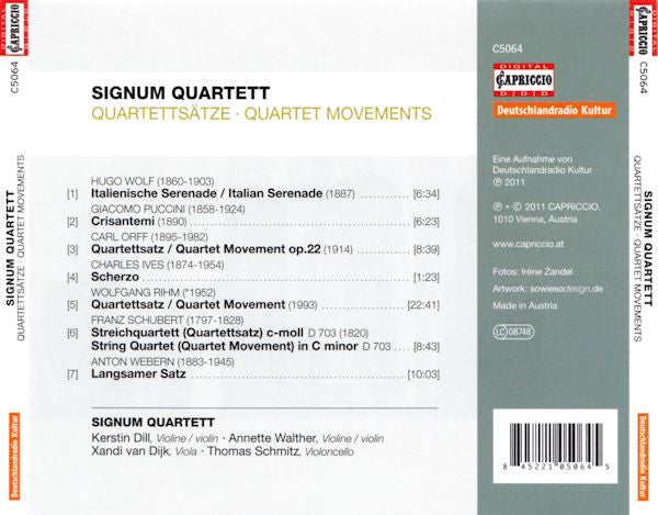 Signum Quartett - Franz Schubert · Hugo Wolf · Carl Orff · Wolfgang Rihm · Giacomo Puccini · Charles Ives · Anton Webern : Quartet Movements (CD, Album)