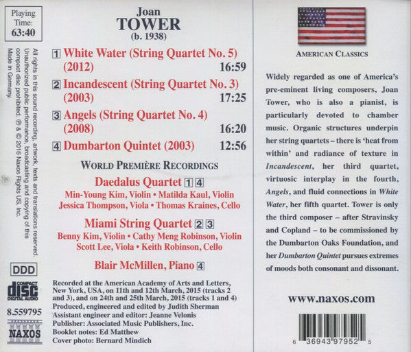 Joan Tower, Daedalus String Quartet, Miami String Quartet, Blair McMillen : String Quartets Nos. 3-5 / Dumbarton Quintet (CD, Album)