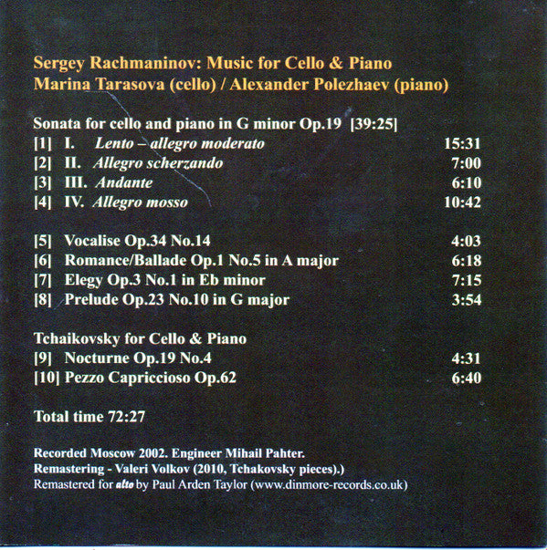 Sergei Rachmaninoff - Marina Tarasova, Александр Полежаев : Music For Cello & Piano  (CDr)