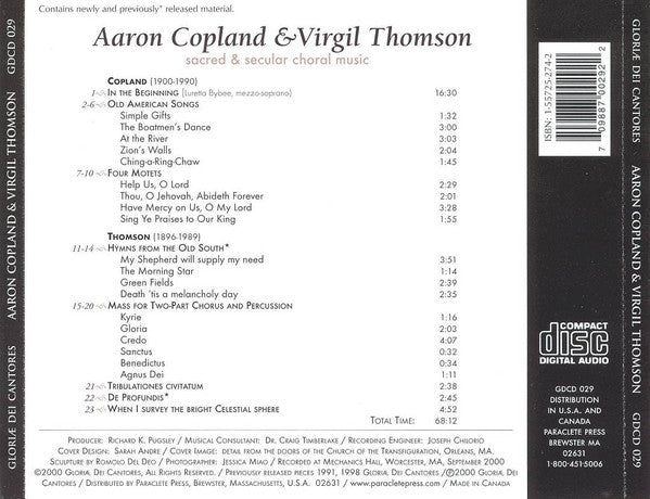 Aaron Copland, Virgil Thomson, Gloriae Dei Cantores, Elizabeth C. Patterson, Luretta Bybee : Sacred & Secular Choral Music (CD, Album)