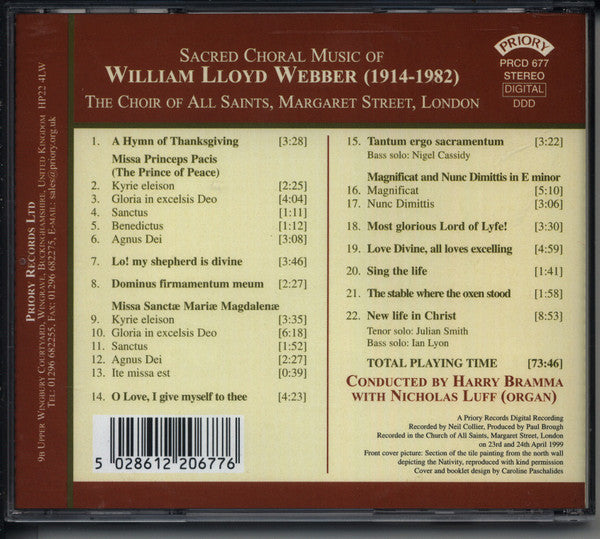William Lloyd Webber, Choir Of All Saints Church, Margaret Street Directed By Harry Bramma : Sacred Choral Music Of William Lloyd Webber (1914-1982) (CDr, Album)