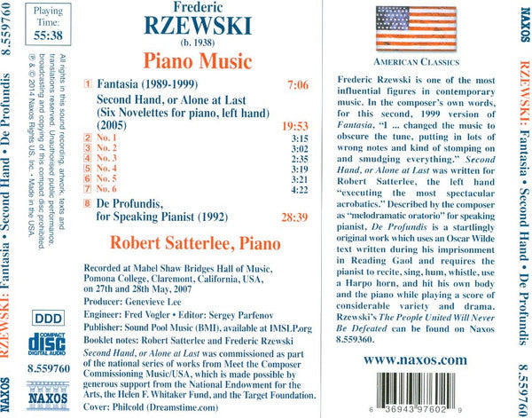 Frederic Rzewski, Robert Satterlee : Piano Music - Fantasia | Second Hand, or Alone at Last | De Profundis (CD, Album)