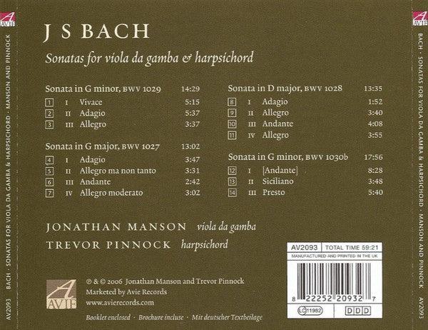 Johann Sebastian Bach, Jonathan Manson, Trevor Pinnock : Sonatas For Viola Da Gamba & Harpsichord (CD, Album)