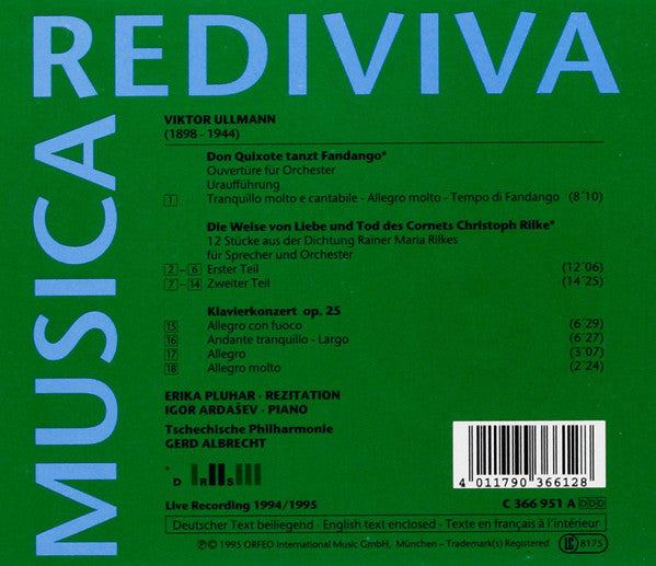 Viktor Ullmann - Erika Pluhar, Igor Ardašev, The Czech Philharmonic Orchestra, Gerd Albrecht : Cornet / Don Quixote Tanzt Fandango / Klavierkonzert (CD, Album)