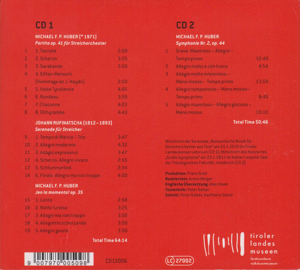 Johann Rufinatscha, Michael F. P. Huber / Orchester Der Akademie St. Blasius, Karlheinz Siessl : Serenade Für Streichorchester / Werke Für Streichorchester, Symphonie Nr. 2 (2xCD, Album, Dig)