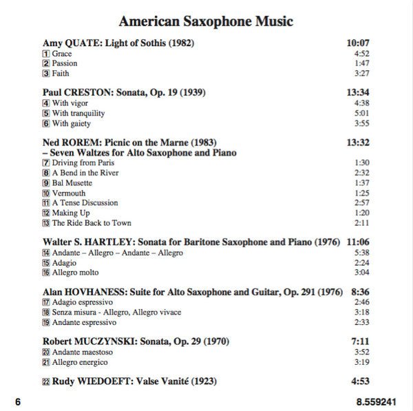 Amy Quate • Paul Creston • Ned Rorem • Walter S. Hartley • Alan Hovhaness • Robert Muczynski • Rudy Wiedoeft - Alex Mitchell (11), Neil Hornsby, Jeremy Limb : American Saxophone Music (CD, Album)