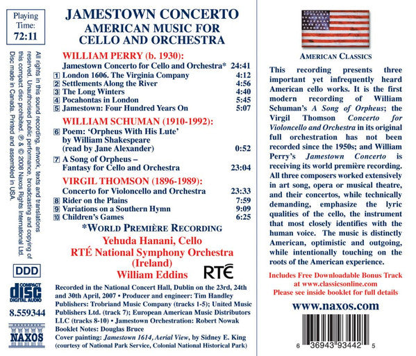 William Perry, William Schuman, Virgil Thomson, Yehuda Hanani, RTÉ National Symphony Orchestra, William Eddins : Jamestown Concerto, American Music For Cello And Orchestra (CD, Album)