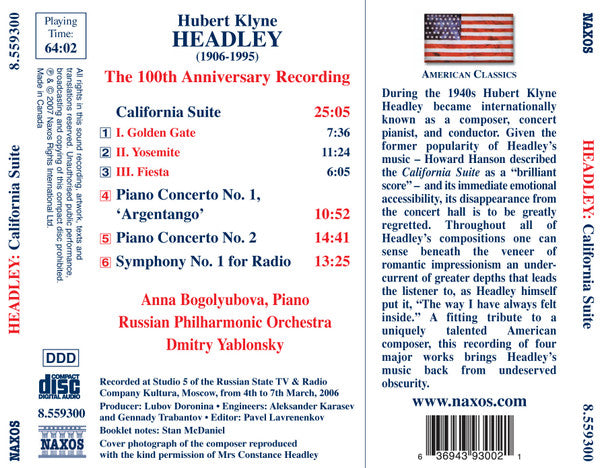 Hubert Klyne Headley - Anna Bogolyubova, Russian Philharmonic Orchestra, Dmitry Yablonsky : California Suite / Piano Concertos Nos. 1 And 2 / Symphony No. 1 (CD, Album)