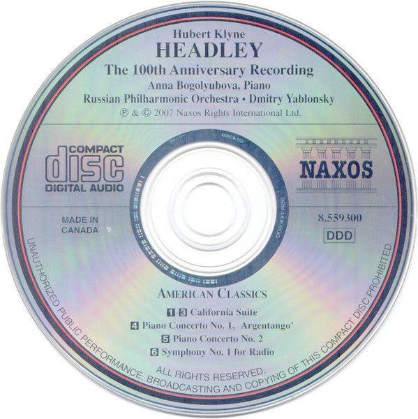 Hubert Klyne Headley - Anna Bogolyubova, Russian Philharmonic Orchestra, Dmitry Yablonsky : California Suite / Piano Concertos Nos. 1 And 2 / Symphony No. 1 (CD, Album)