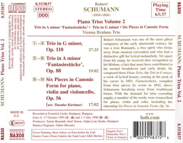 Robert Schumann - Vienna Brahms Trio : Piano Trios, Volume 2 - Trio In A Minor 'Fantasiestücke' • Trio In G Minor • Six Pieces In Canonic Form (CD, Album)