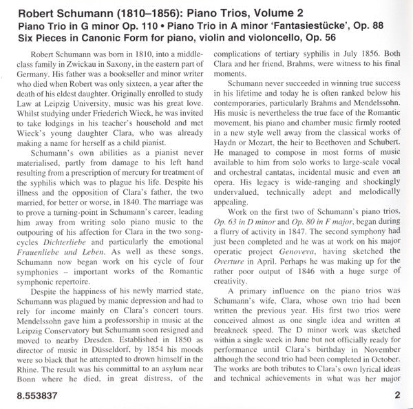Robert Schumann - Vienna Brahms Trio : Piano Trios, Volume 2 - Trio In A Minor 'Fantasiestücke' • Trio In G Minor • Six Pieces In Canonic Form (CD, Album)