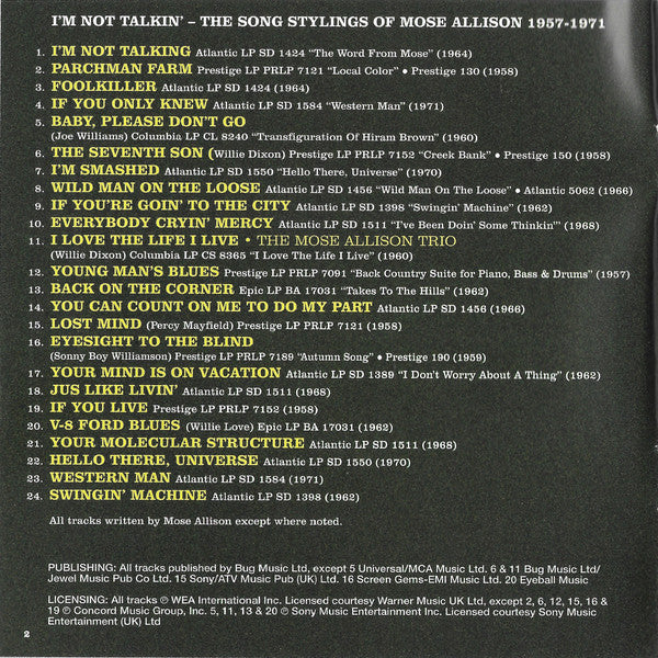 Mose Allison : I’m Not Talkin’ (The Song Stylings of Mose Allison 1957-1971) (CD, Comp, Mono)