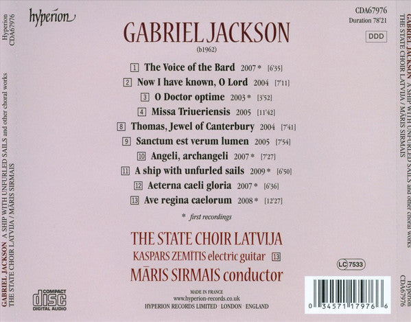 Gabriel Jackson (2) - Valsts Akadēmiskais Koris "Latvija", Māris Sirmais : A Ship With Unfurled Sails (CD, Album)