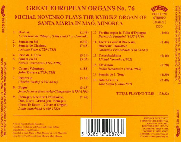 Michal Novenko : Michal Novenko Plays The Kyburz Organ Of Santa Maria In Maó, Minorca (CD, Album)