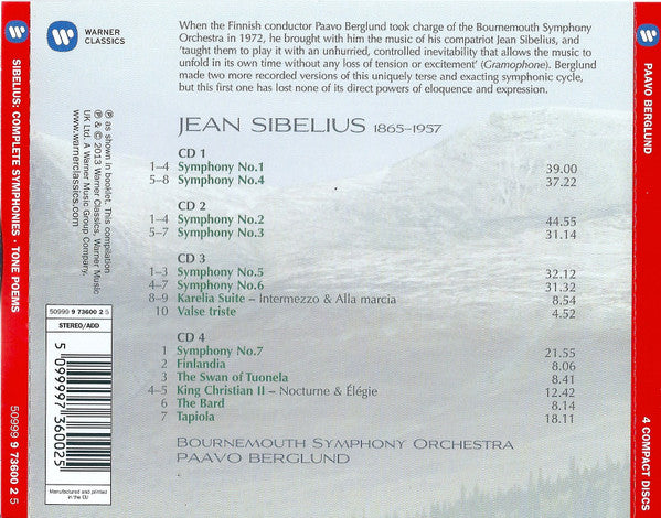 Sibelius*, Paavo Berglund, Bournemouth Symphony Orchestra : Complete Symphonies · Tapiola · Karelia Suite · Finlandia · The Bard (4xCD, Comp, RE, RM)