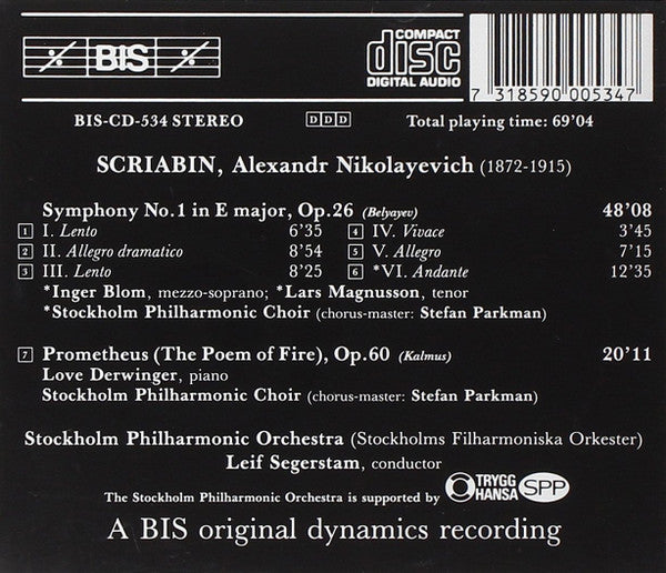 Alexander Scriabin, Stockholms Filharmoniska Orkester, Stockholms Filharmoniska Kör, Leif Segerstam : Symphony No.1 / Prometheus (CD, Album)