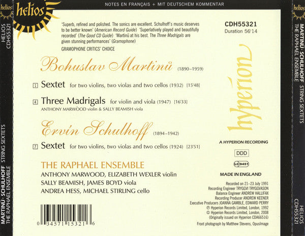 Bohuslav Martinů & Erwin Schulhoff - The Raphael Ensemble : String Sextets (CD, Album, RE)