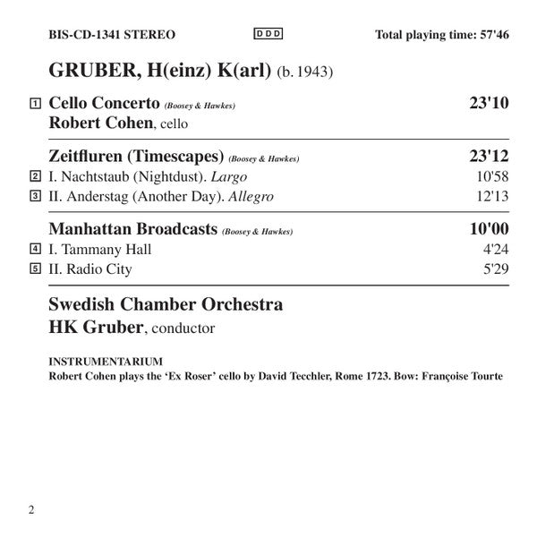 HK Gruber / Robert Cohen, Svenska Kammarorkestern : Manhattan Broadcasts / Cello Concerto / Zeitfluren (CD, Album)