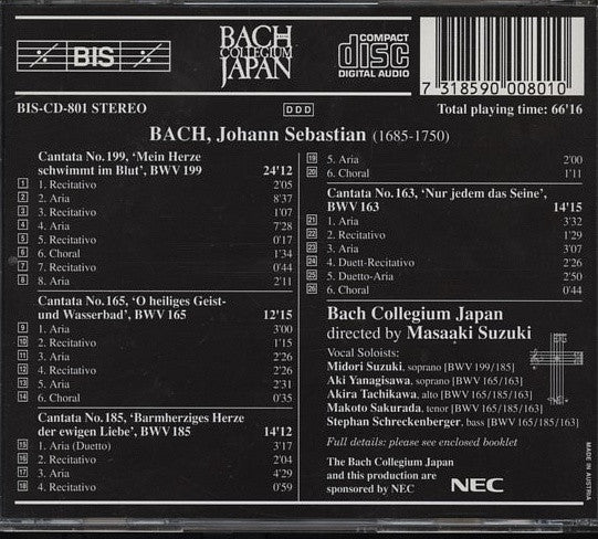 Johann Sebastian Bach, Bach Collegium Japan, Masaaki Suzuki : Cantatas 4 : BWV 163 Nur Jedem Das Seine - BWV 165 O Heiliges Geist- Und Wassebad - BWV 185 Barmherziges Herze Der Ewigen Liebe - BWV 199 Mein Herze Schwimmt Im Blut (CD)