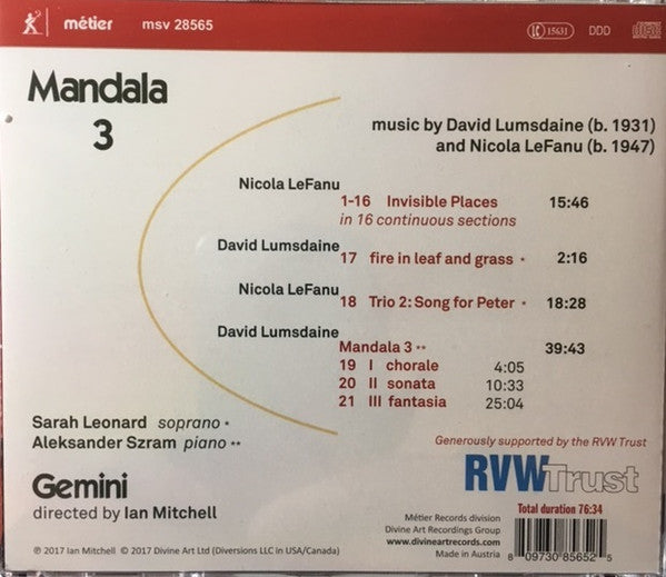 Gemini London, David Lumsdaine (2), Nicola LeFanu : Mandala 3 (CD)