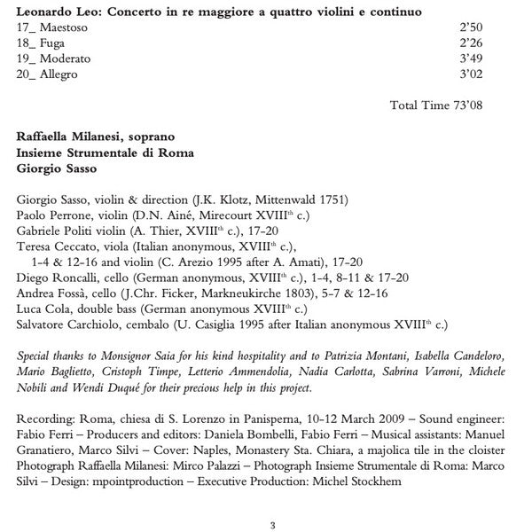 Francesco Durante, Leonardo Leo, Nicola Porpora, Raffaella Milanesi, Giorgio Sasso, Insieme Strumentale Di Roma : A Voi Ritorno (CD, Album)