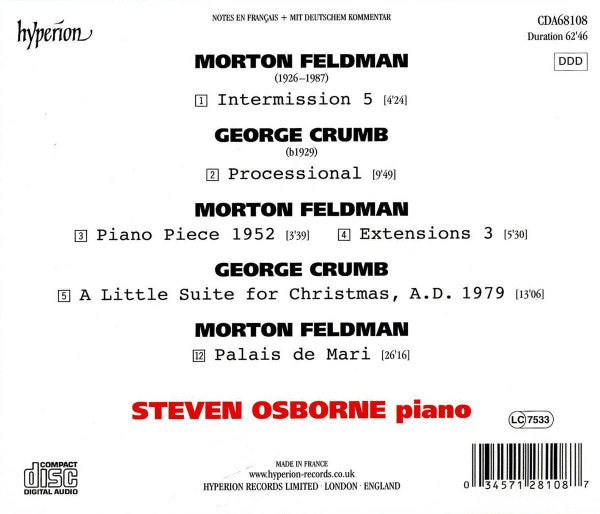 Morton Feldman, George Crumb - Steven Osborne : Palais De Mari / Intermission 5 / Piano Piece 1952 / Extensions 3 / Processional / A Little Suite For Christmas (CD, Album)