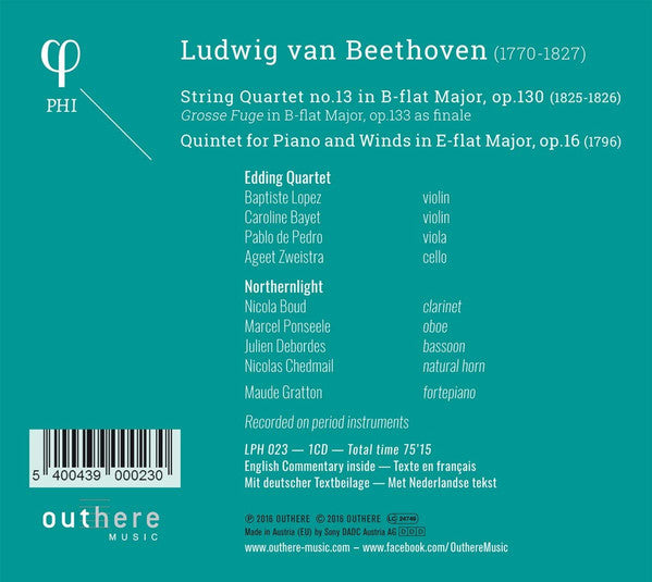 Edding Quartet, Northernlight, Ludwig van Beethoven : String Quartet No. 13, Op. 130; Grosse Fugue, Op. 133; Quintet For Piano And Winds, Op. 16 (CD, Album)