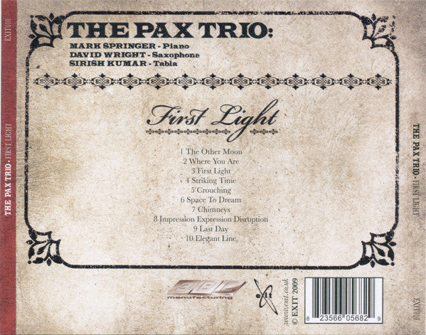 The Pax Trio : Mark Springer (3), Dave Flash Wright, Sirish Kumar : First Light (CD, Album)