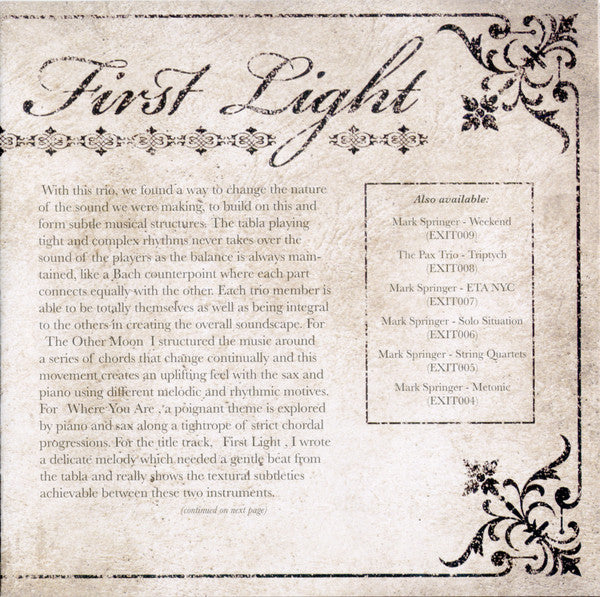 The Pax Trio : Mark Springer (3), Dave Flash Wright, Sirish Kumar : First Light (CD, Album)