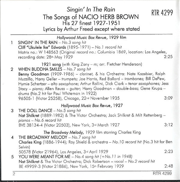 Nacio Herb Brown : Singin' In The Rain - The Songs Of Nacio Herb Brown - His 27 Finest 1927-1951 (CD, Comp)